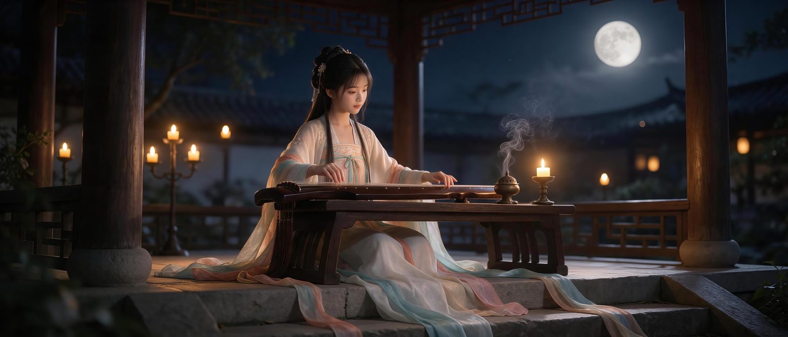 月下抚琴高清壁纸预览
