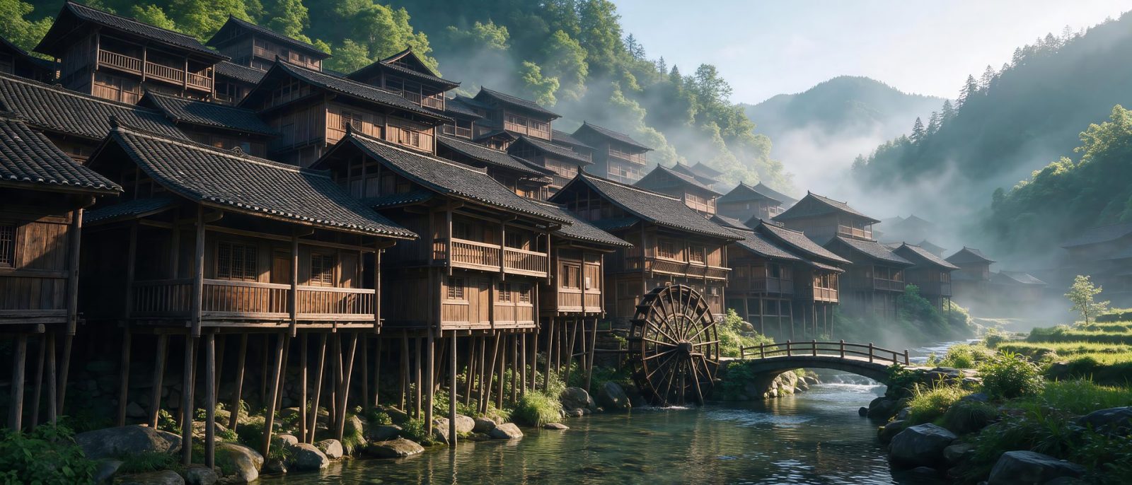 吊脚楼溪畔高清壁纸预览