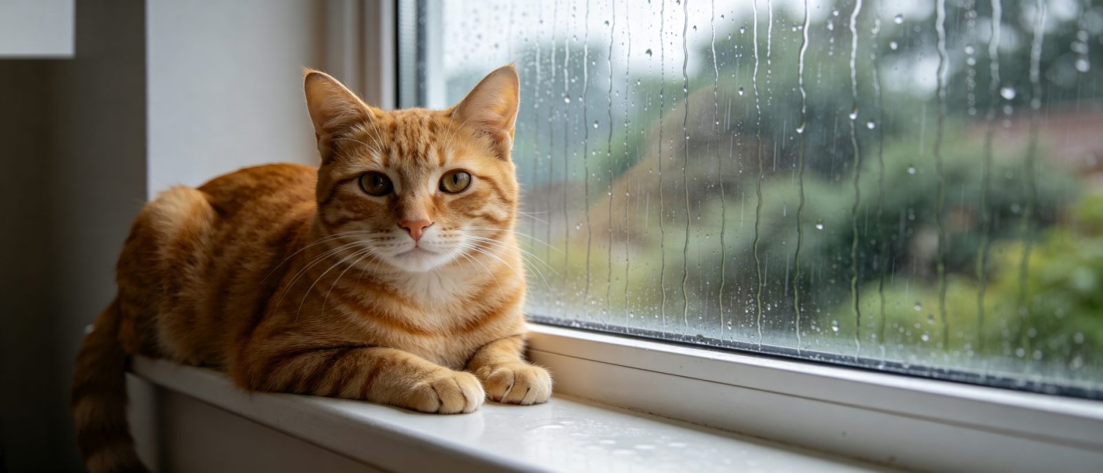 橘猫窗台雨高清壁纸预览